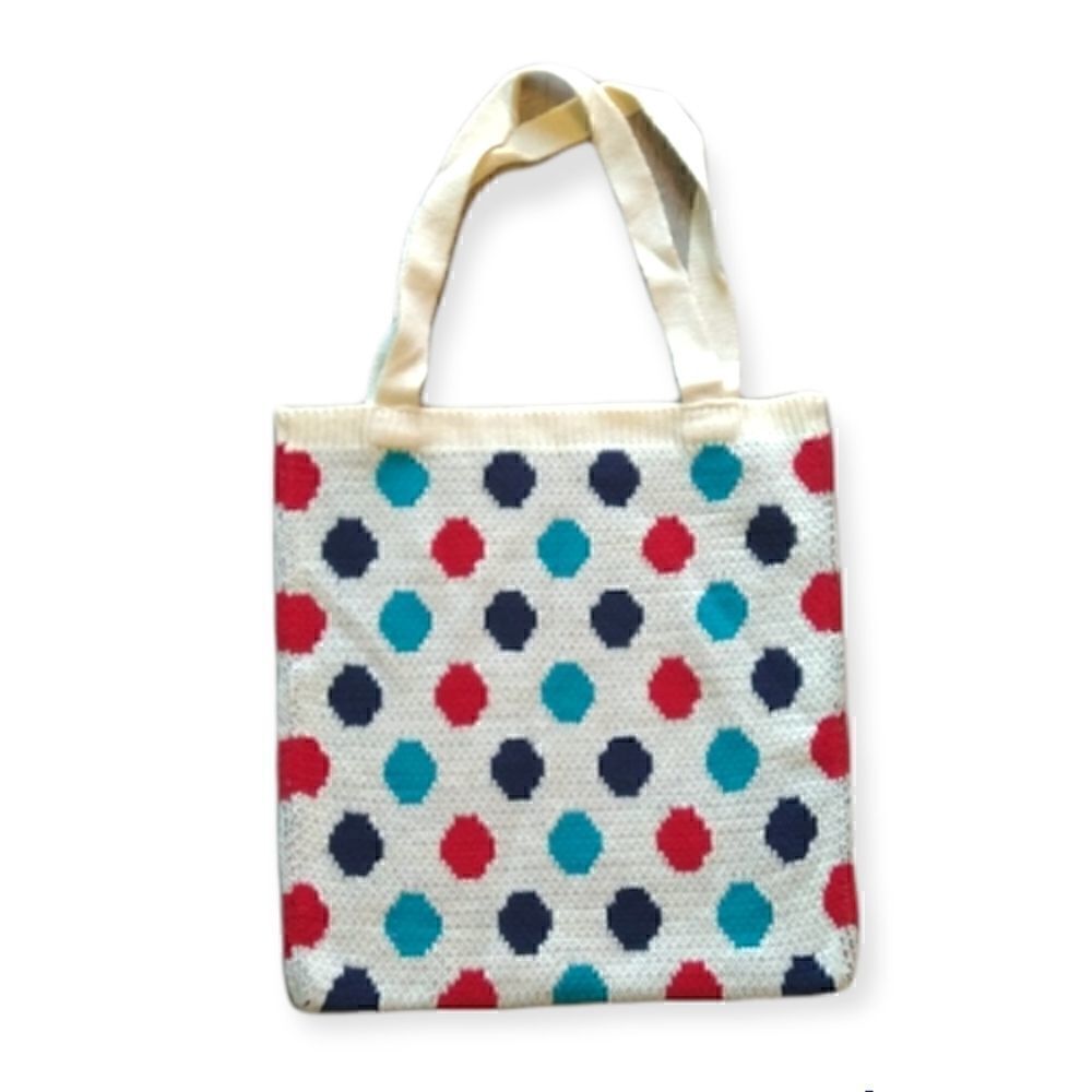 Polka Dot Sweater Knit Tote Bag Purse White